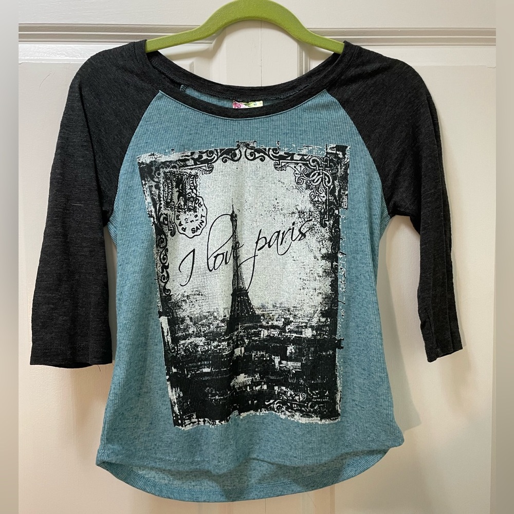 Kyut Girls XL I Love Paris T Shirt Linen Blend 3/4 Sleeve Photo Fashion